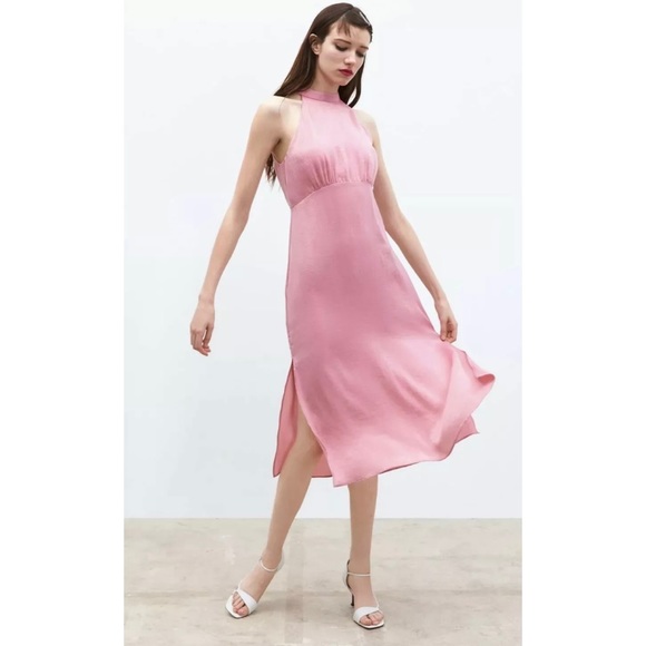 *ZARA* Pink Satin Effect Midi Dress NWT - Picture 2 of 12